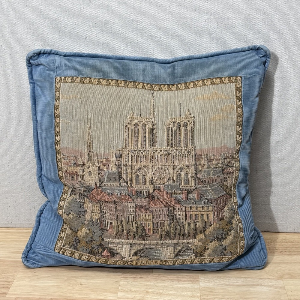Vintage Paris Notre Dame Tapestry Pillow Blue Corduroy 16x15 Decor